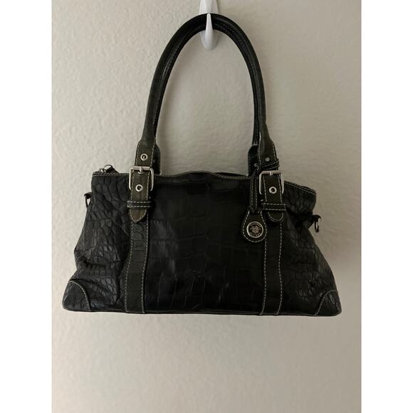 Vintage Dooney & Bourke Bayou Crocodile-Embossed Satchel Black White Stitching - Picture 1 of 14